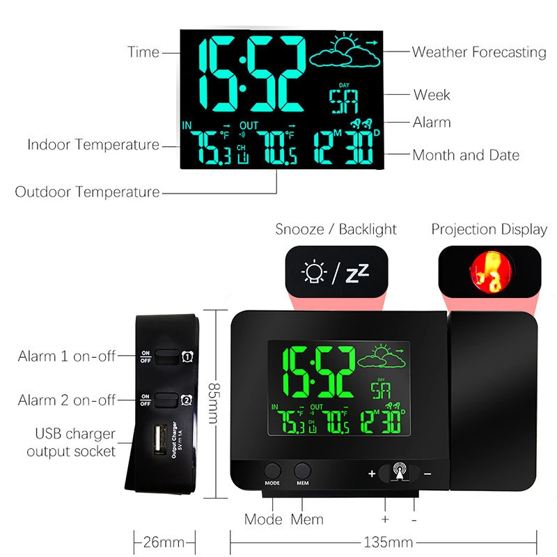 Projection Alarm  RCC Clock super CE Weather Station PT3531B with outdoor Temperature Sensor showing thermometer hygrometer