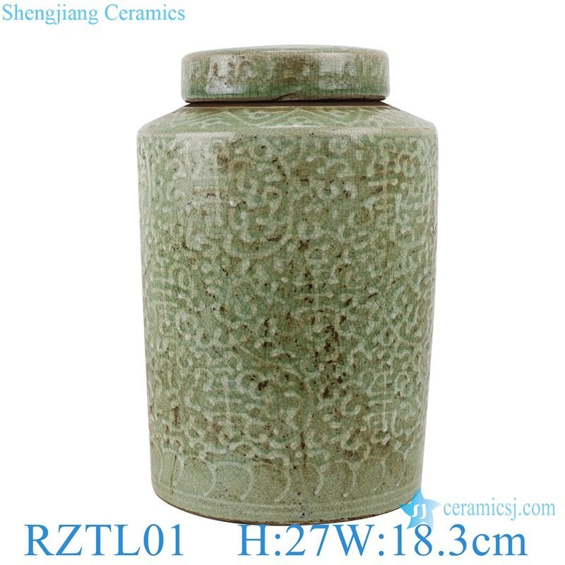 Rztl01-03 Color Glaze Kiln Green Carving Tangling Branches Lotus Longevity Grain Straight Tea Canister