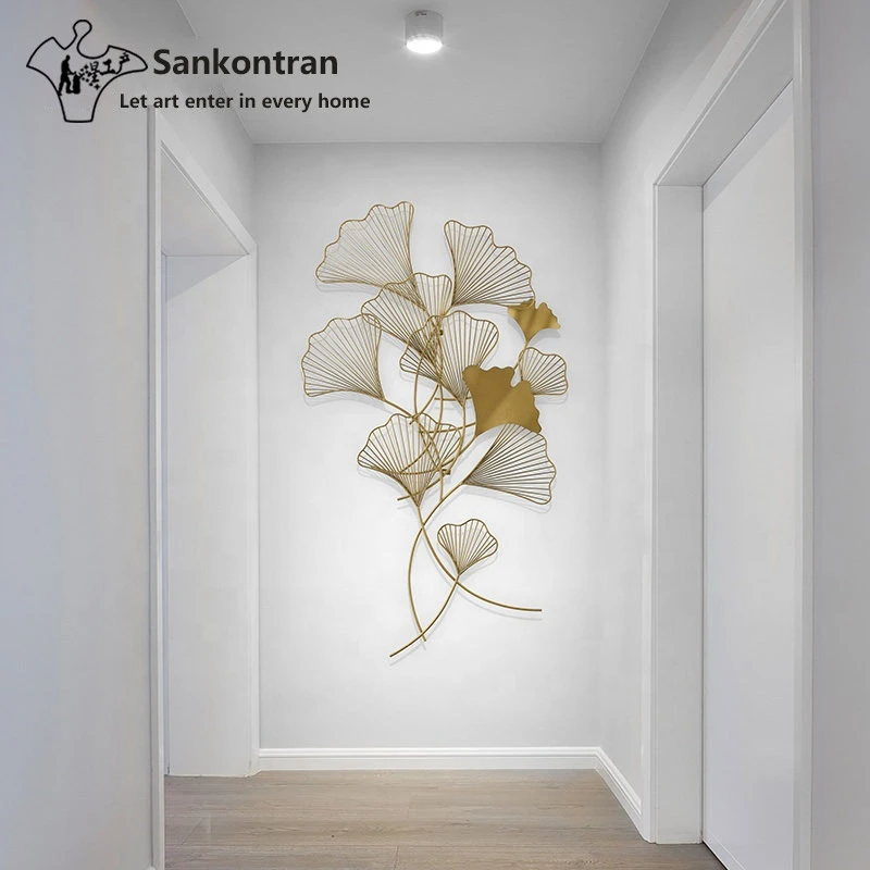 Sankontran Handmade Gold Metal Wall Art Gingko Leaf for Home Decoration Chinese Metallic Wall Decor