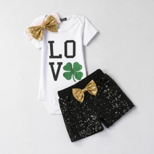 Sequin Toddler Kids Short Sleeve Sets Baby Girls Summer Outfits Letters Clothes Romper+Shorts 2pcs Set