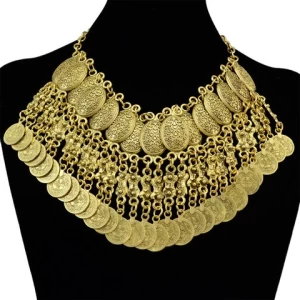 Shangri Bohemian Antique Silver Gold Alloy Necklace Fashion Chunky Necklaces Carved Flower Tassel Coins Bib Choker Necklace