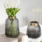 small glass flower vase  tall glass cylinder vase with gold neck decoration