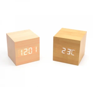 Small Modern Cube Multifunctional Digital LED Desk Digital Wooden Night Alarm Clock with Temperature and Sound Control