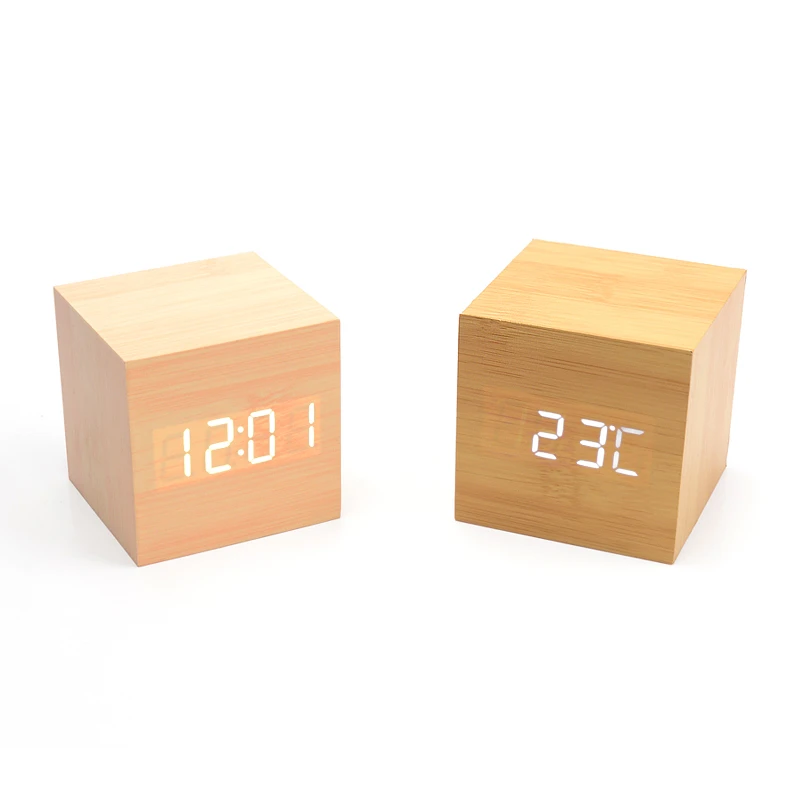 Small Modern Cube Multifunctional Digital LED Desk Digital Wooden Night Alarm Clock with Temperature and Sound Control