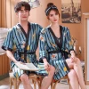 Spring Summer Sexy Silk Pajamas Robe Fashion Print Cartoon Loose Thin Couples Sleep Robs Female Dressing Gown Man Home Bathrobe