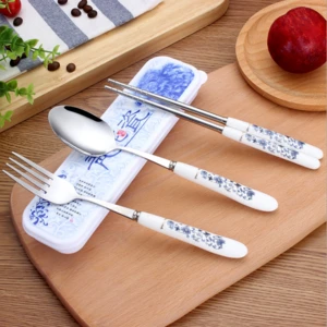 Stainless Steel Cutlery Flatware Set With Blue And White Porcelain for Gift