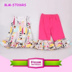 Summer Feather Print Baby Girl Flutter Sleeve Dress Icing Ruffle Shorts 2pcs Outfit Wholesale Boutique Children&#039;s Clothing Sets