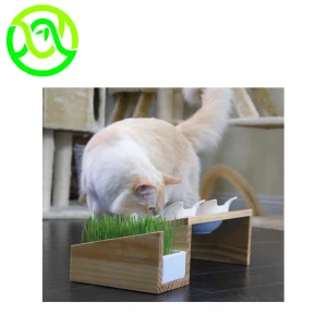 Tilted Platform Solid Elevated Cat Bowl Bamboo Pet Feeder with Ceramic Bowls