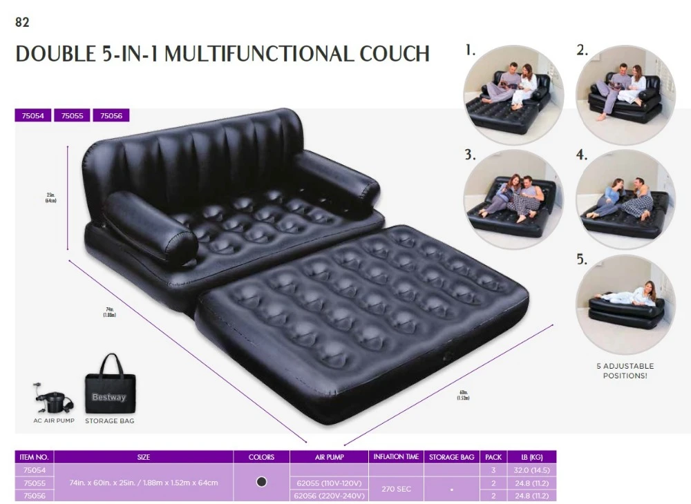 Top sale Bestway 75056 multifunctional 5 in 1 inflatable sofa bed 1.88m*1.52m*64cm