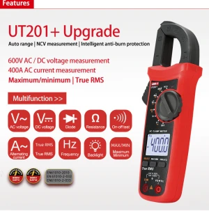 Uni-t UT201+ 4000 Counts 600V AC DC Current Tester Mini Clamp Multimeter Resistance Frequency Meter Unit Digital