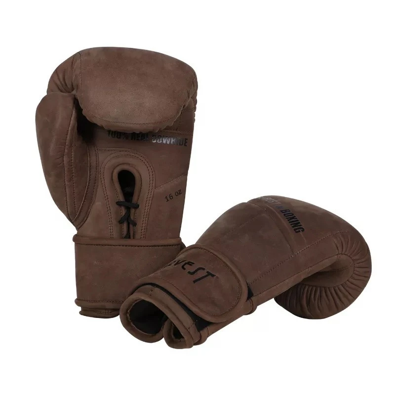 Unisex Brown Waxed Cowhide Leather 16OZ Boxing Gloves Mittens for MMA UFC Muay Thai Body Combat