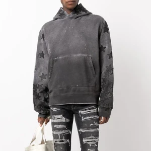 Wholesale Custom Streetwear Vintage Washed Mens Hoodie Set Oversized Hoodie with Stars Applique and Knitted Embroidery
