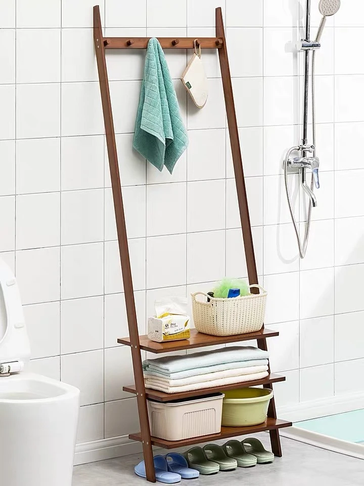 Wholesale Freestanding Natural Durability Bamboo Bathroom Storage Shelf, Folding Towel Stand Bedroom storage towel hook