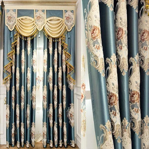 Wholesale modern luxury european double blackout jacquard curtains with attached valances