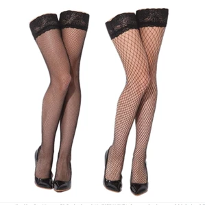 Wholesale women fashion see through fishnet lace top thigh high black nylon stockings