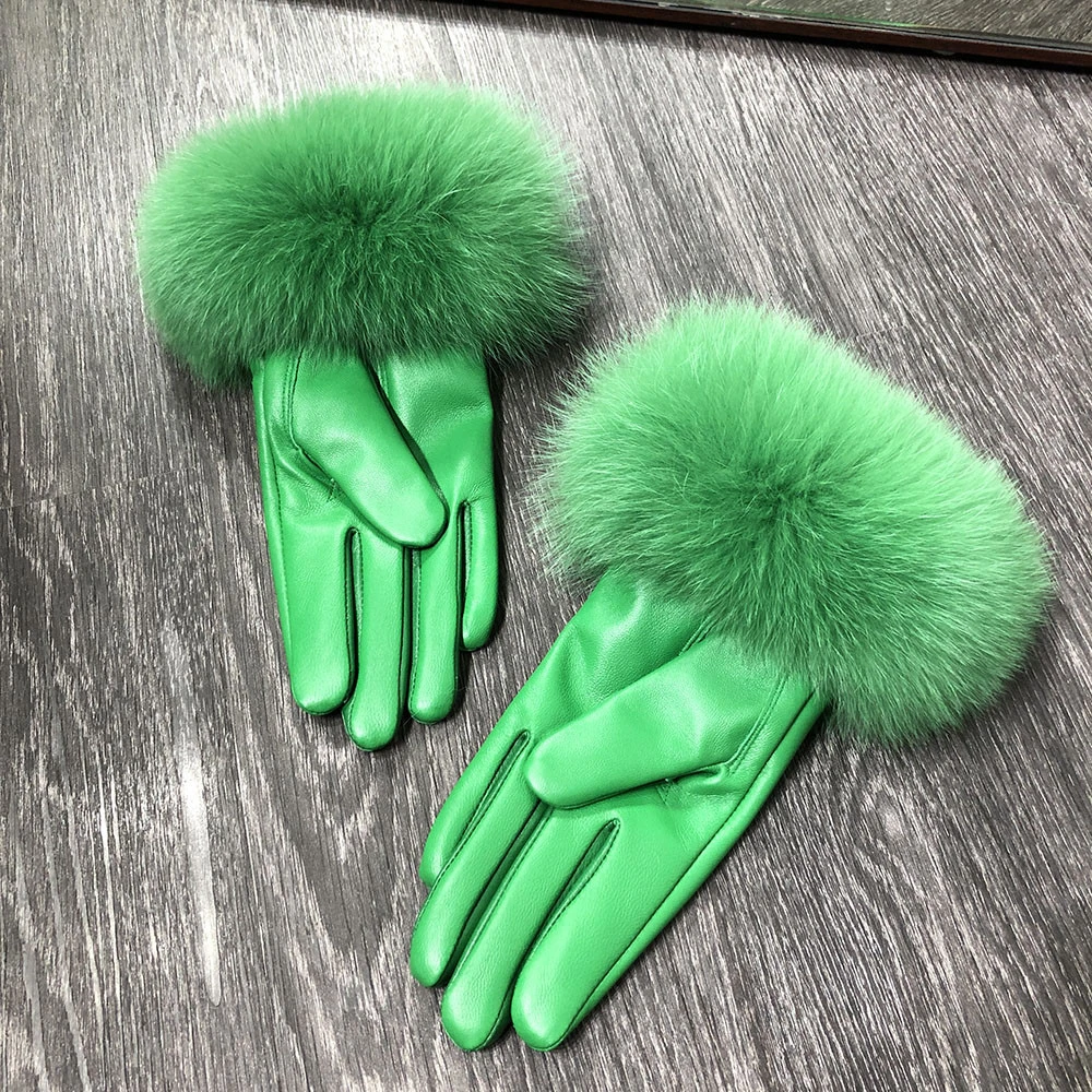 winter warm women genuine leather gloves ladies real fox fur mittens windproof real sheepskin leather gloves