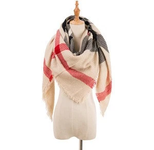 Women winter grid pattern knitted warm fringe square scarf shawl