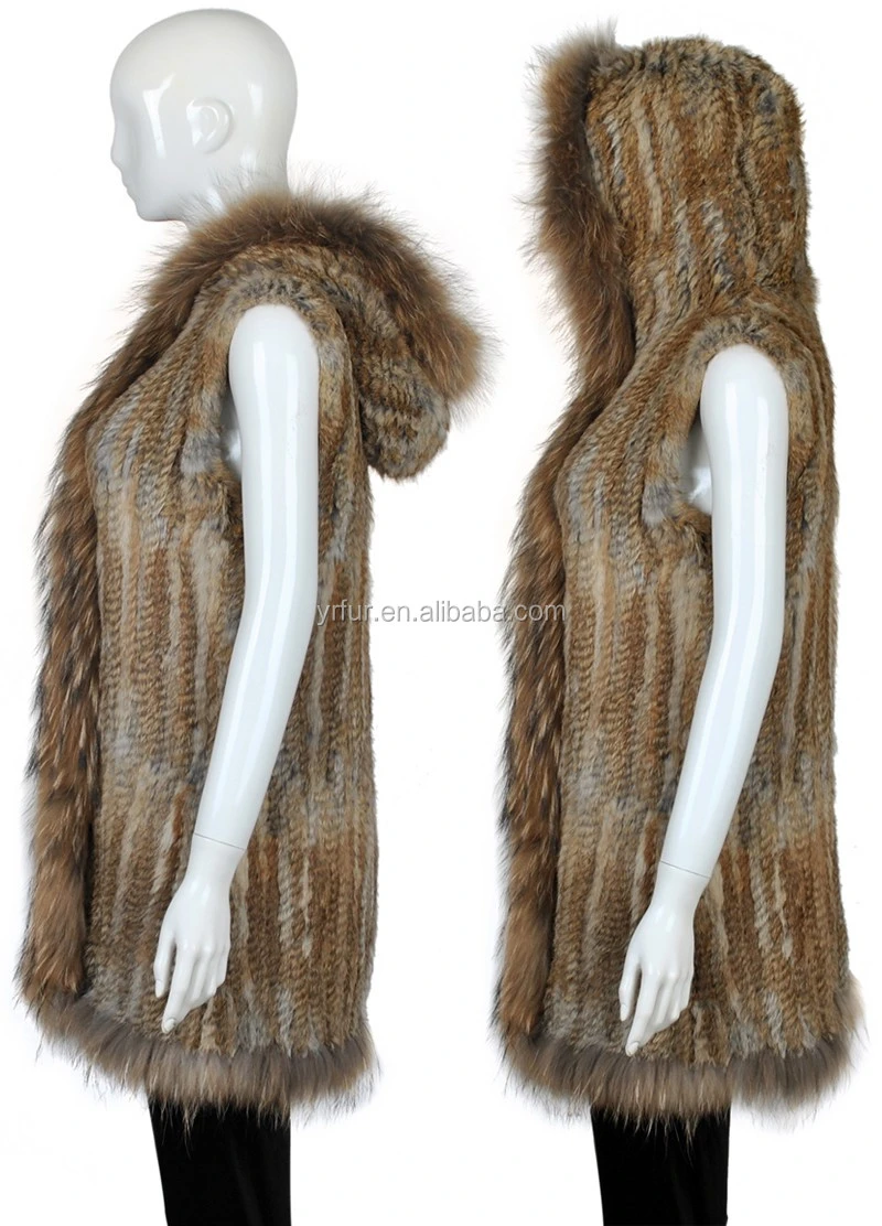 YR628 Super Quality Women Hooded Genuine Raccoon and Rabbit Fur Vest