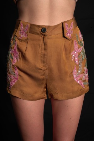 Golden Brown Shorts With Embroidery