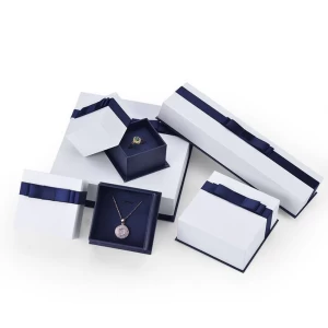 Stylish White Jewelry Packaging Boxes with Blue Bottom and Ribbon Design
