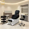 Modern Straight Salon Reception Desk Two-tone Wood Grain & Cream White Panel Built-in LED Light Strip Custom Logo Recep