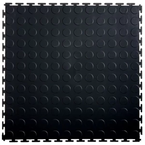 Black PVC Interlocking Floor Tile 500*500mm Coin Surface For Use In Garages Workshop And Factories