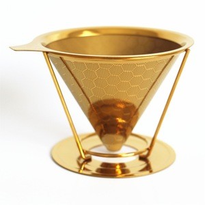 125mm Gold Coffee Cone Dripper Coffee Filter with Fixed Base,Gold Titanium Coated Pour Over Cone Dripper