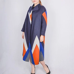 2018 korean style geometric pattern wool fabric fashion women female winter coat