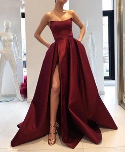 2019 Burgundy Prom Dress With Pockets Side Slit Strapless Satin Elegant Evening Party Gowns Women Long Formal Dress