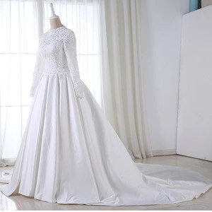 2019 Luxury ball gown high-neck long sleeves beaded Muslim bridal wedding dress