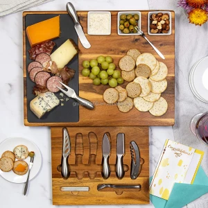 2021 Charcuterie Board Set 19-Piece Cheese Board and Knife Set Wedding & Holiday Gift Platter Acacia Wood & Slate Serving Tray