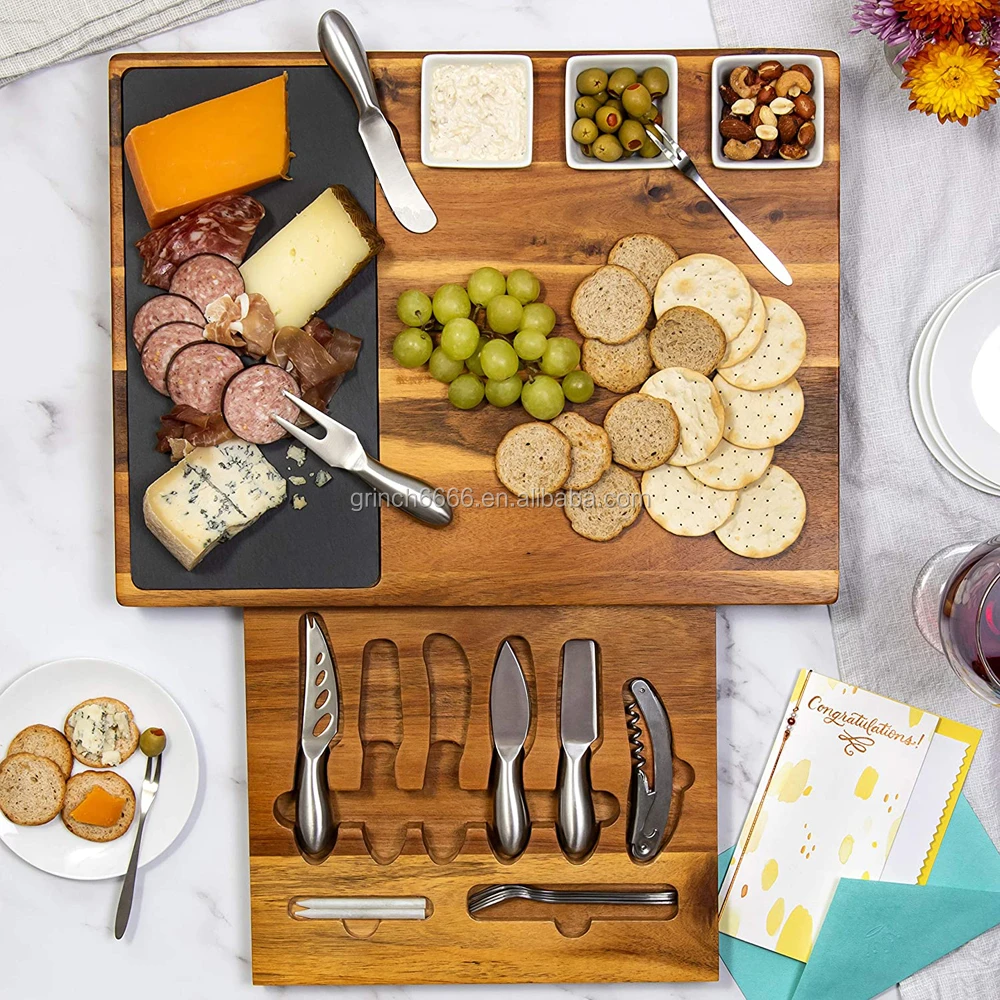 2021 Charcuterie Board Set 19-Piece Cheese Board and Knife Set Wedding & Holiday Gift Platter Acacia Wood & Slate Serving Tray