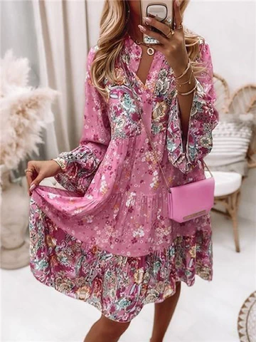 2022 Spring/Summer New Ladies Floral Stitching Short Skirt Hot Sale Layered Bell Sleeve Large Swing Mini Dress