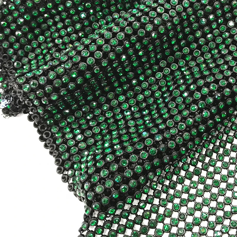 3MM Shiny Flexible Black Aluminum Base Green Glass Crystal Diamond Rhinestone Mesh Fabric