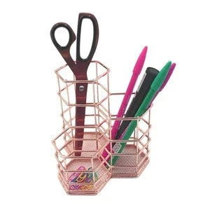551-5A3 Hexagon Metal Gold Pen Holder Basket Stationery Storage Container for Office Home School
