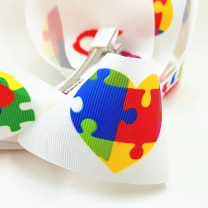 6 inch Autism Awareness Puzzle Ribbon Hair Bow