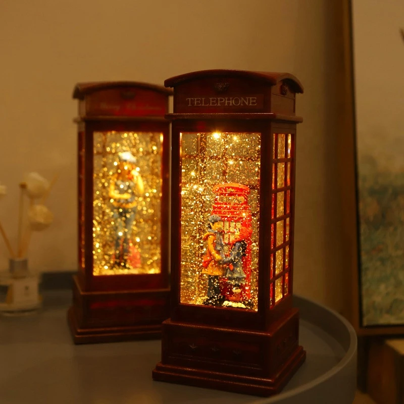 BETTER British Style Retro Phone Booth Night Light Decor Shiny Resin Interior Landscape Table Little Night Lamp