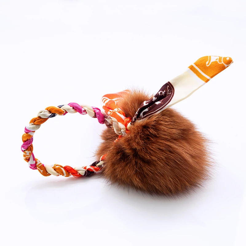 Big Brown Pom Pom Elastic Hair Band with Flower Ribbon Bow