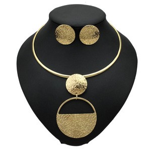 Big Fan Geometric Metal Gold Plated Jewelry Sets For Women Alloy Choker Necklaces Earrings Statement African Jewelry Sets