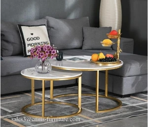 Black living room furniture of high gloss plastic or stone or glass top table group round metal frame coffee table set