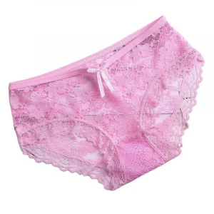 Breathable Sexy Lace Briefs Fashion Transparent Low Waist Hollow Floral Bow Full Women Underwear Girl Cotton Panties Lingerie
