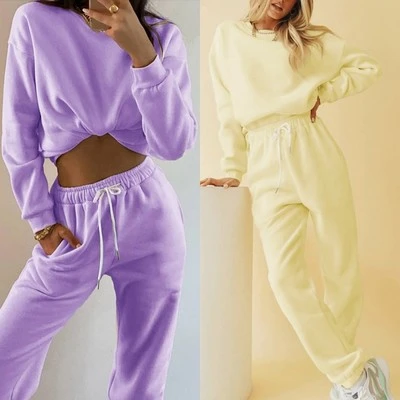 Casual Sweater Tracksuit O-neck Pullovers &amp; High Waist Pants Women Sweatsuit Sets Autumn Winter 2 Pieces Set with thick linning