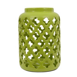 Ceramic Green Quatrefoil Lantern For Home Decoration