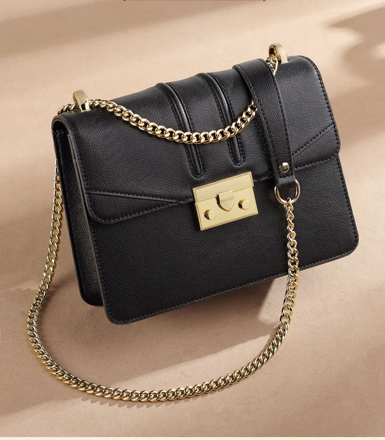 Classic black leather messenger bag custom logo stylish shoulder bags high quality metal women handbag