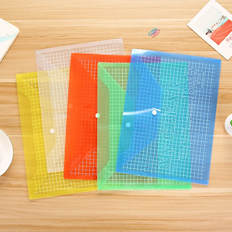 Clear PP Plastic File Pouch Document Storage Bag A4 Size Grid File Folder Bag With Button