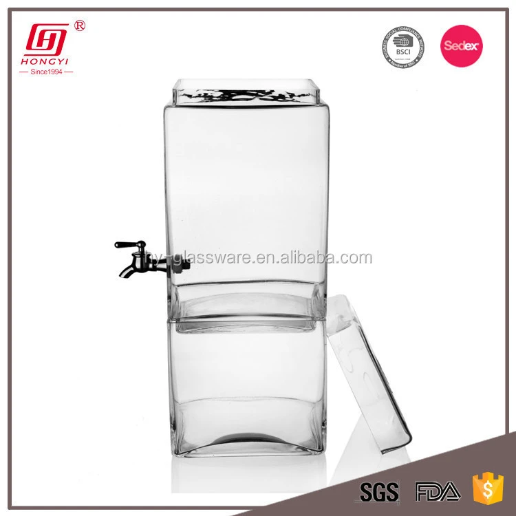 Clear square glass wateror juice dispensers with lid and stainless steel tap