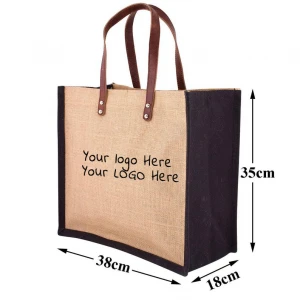 Custom Jute and Canvas Shopping Tote Bag with Leather Handle