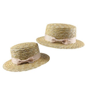Custom Promotional mini lady straw hat boater straw hat with pink bow for Parents and children