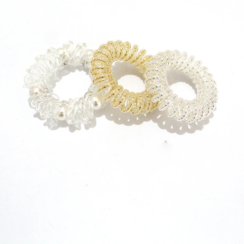 Dianer  Fashion Elastic circle Hair Tie Telephone Cord Hair Tie with small Beads Inside and two-color phone coil hair ring