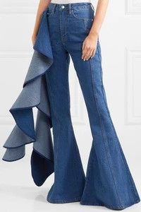 Direct manufacturer high-rise extra long non-stretchy fabric cascading ruffles along the side wide-leg women denim jeans